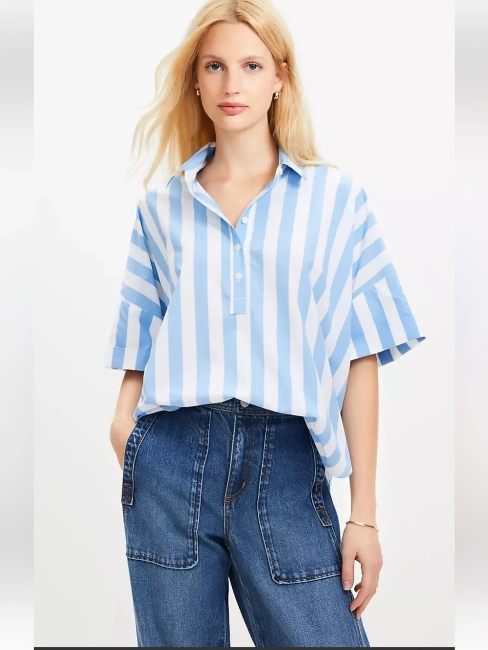 Loft Striped Henley Dolman Everyday Oversized Shirt Top Size Large NWT - Picture 1 of 9